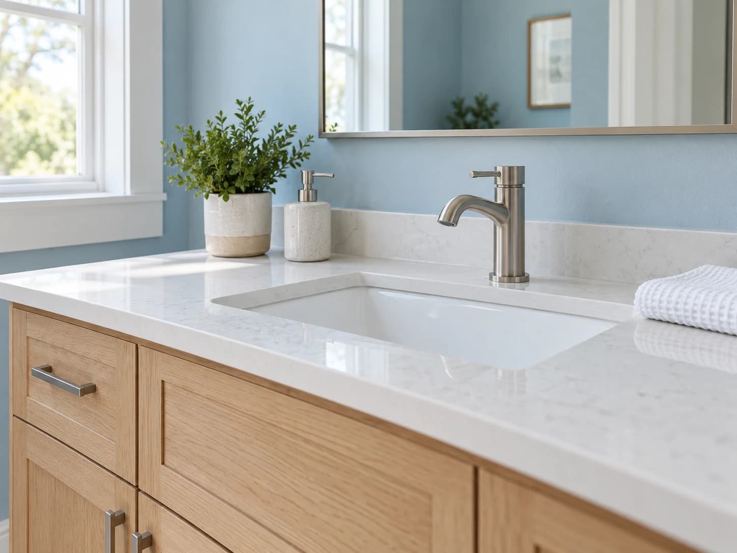 A bright residential bathroom with a brushed nickel faucet and white basin
