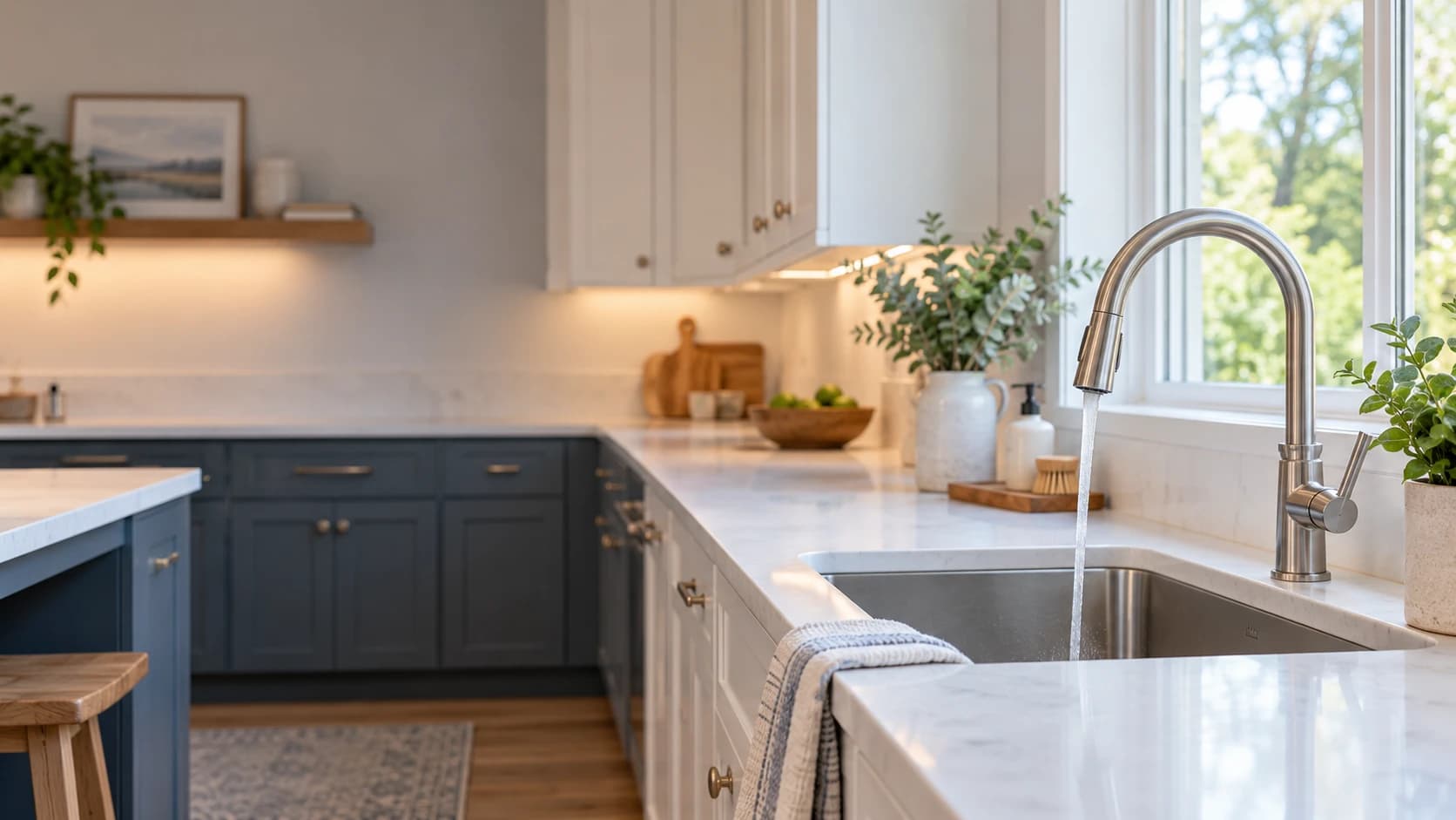 Sunlit residential kitchen with a stainless steel faucet and fresh running water